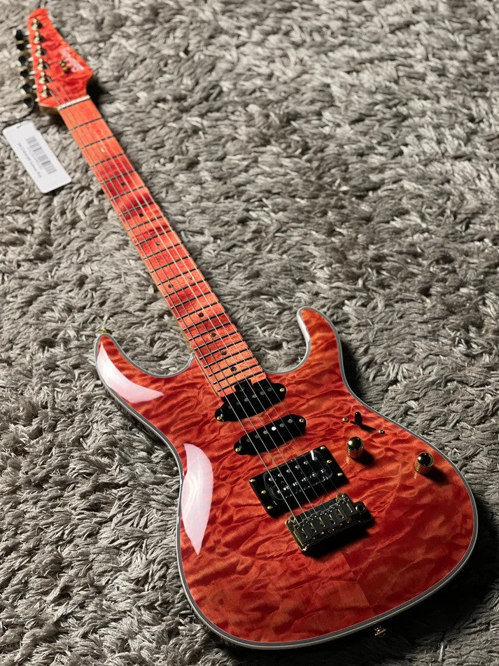 Soloking SM-22 HSS QM Shredmaster with Red Tinted Maple FB in Trans Salmon Pink