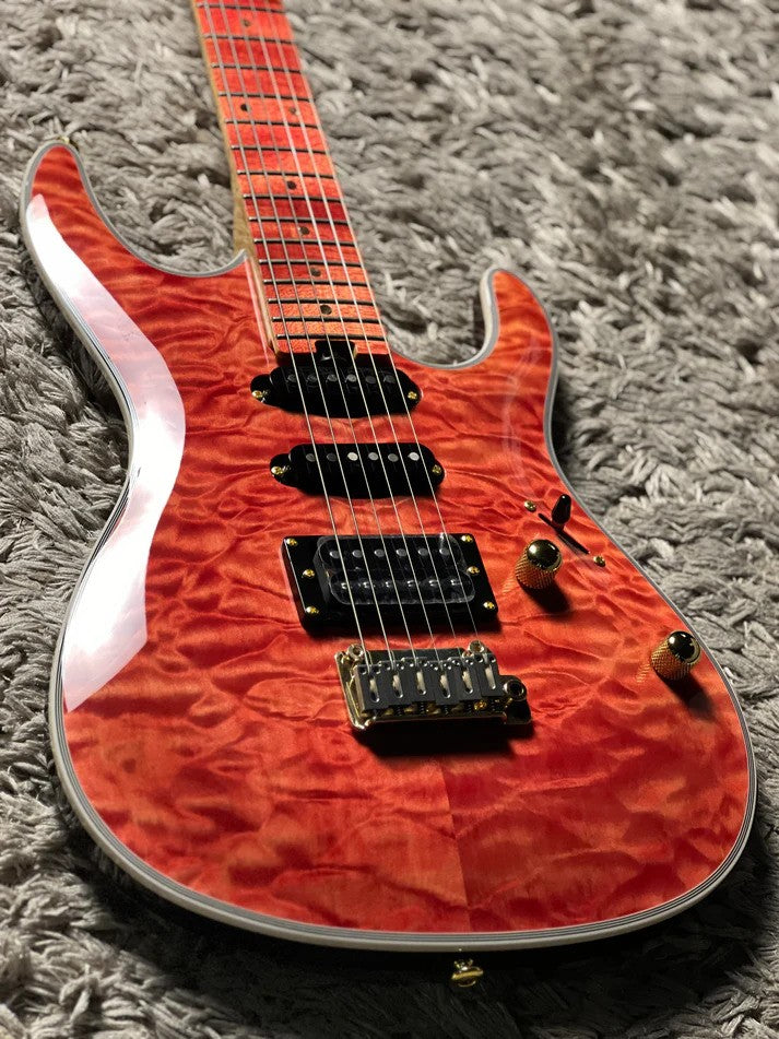 Soloking SM-22 HSS QM Shredmaster with Red Tinted Maple FB in Trans Salmon Pink