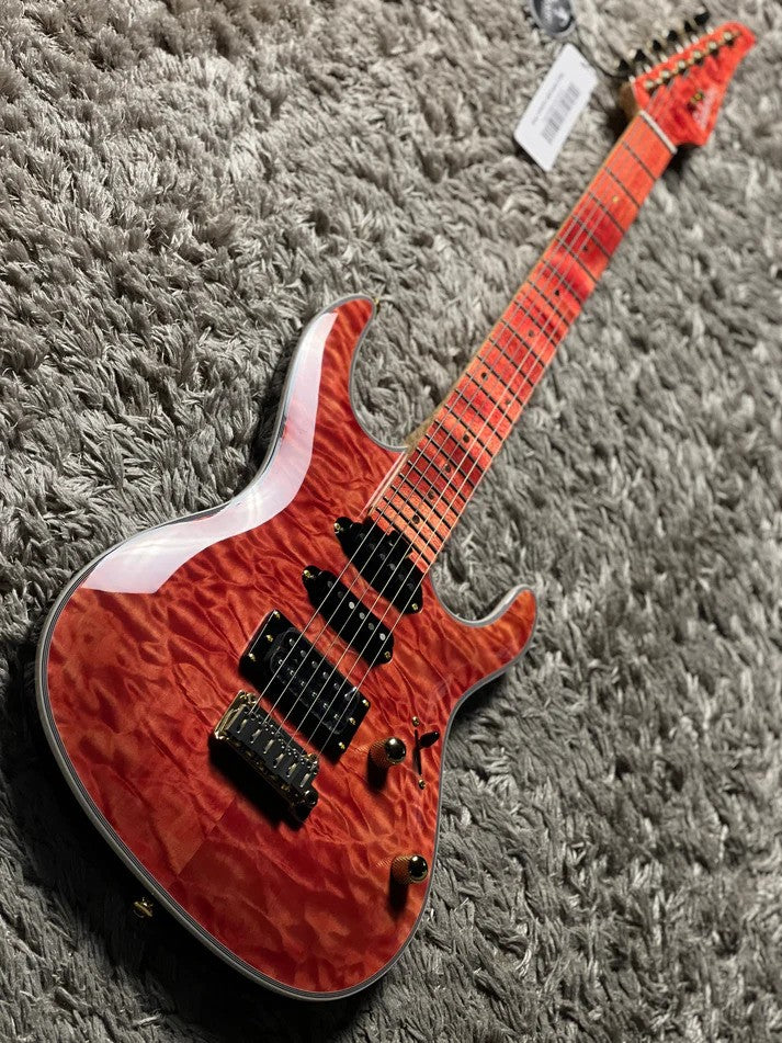 Soloking SM-22 HSS QM Shredmaster with Red Tinted Maple FB in Trans Salmon Pink