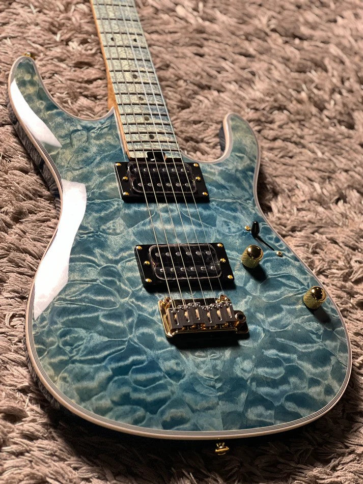Soloking SM-22 HH QM Shredmaster with Blue Tinted Maple FB in Trans Maldives Blue