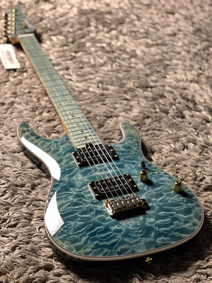 Soloking SM-22 HH QM Shredmaster with Blue Tinted Maple FB in Trans Maldives Blue