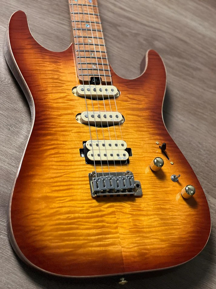 Soloking MS-1 Custom 22 HSS Flat Top One Piece Roasted Flame Neck with Entwistle PU in Bengal Burst Nafiri Special Run