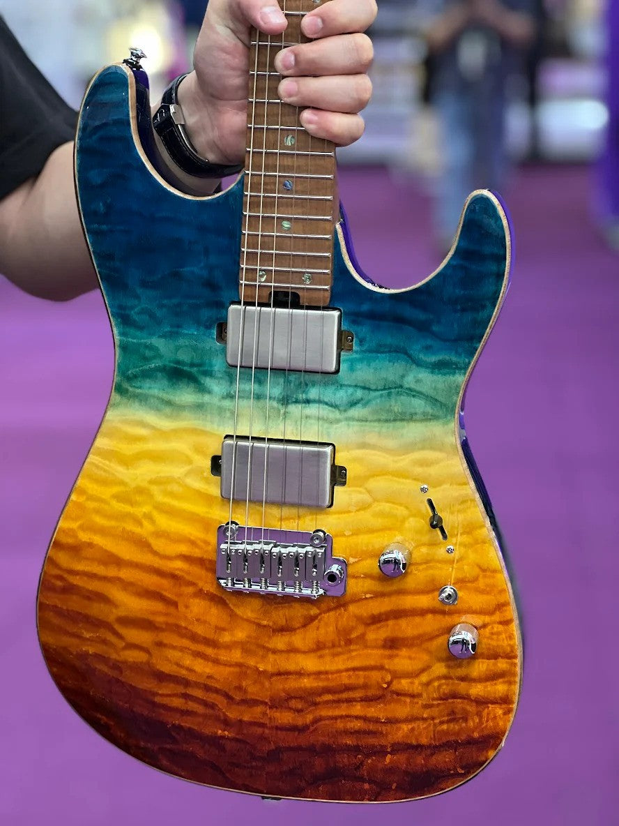 Soloking MS-1 Custom 24 HH Quilt FMN Roasted Flame Maple Neck in Beach Sunset Surf Fade JESCAR