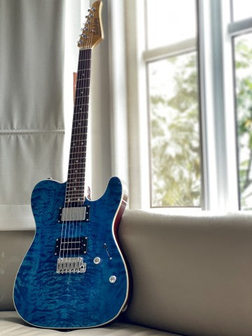 Soloking MT-1 Custom 24 Quilt in Seethru Blue with Roasted Neck and Rosewood FB