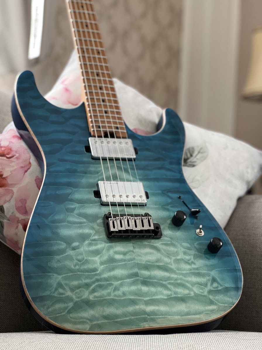 Soloking MS-1 Custom 24 HH Flat Top in Turquoise Wakesurf with Roasted maple FB