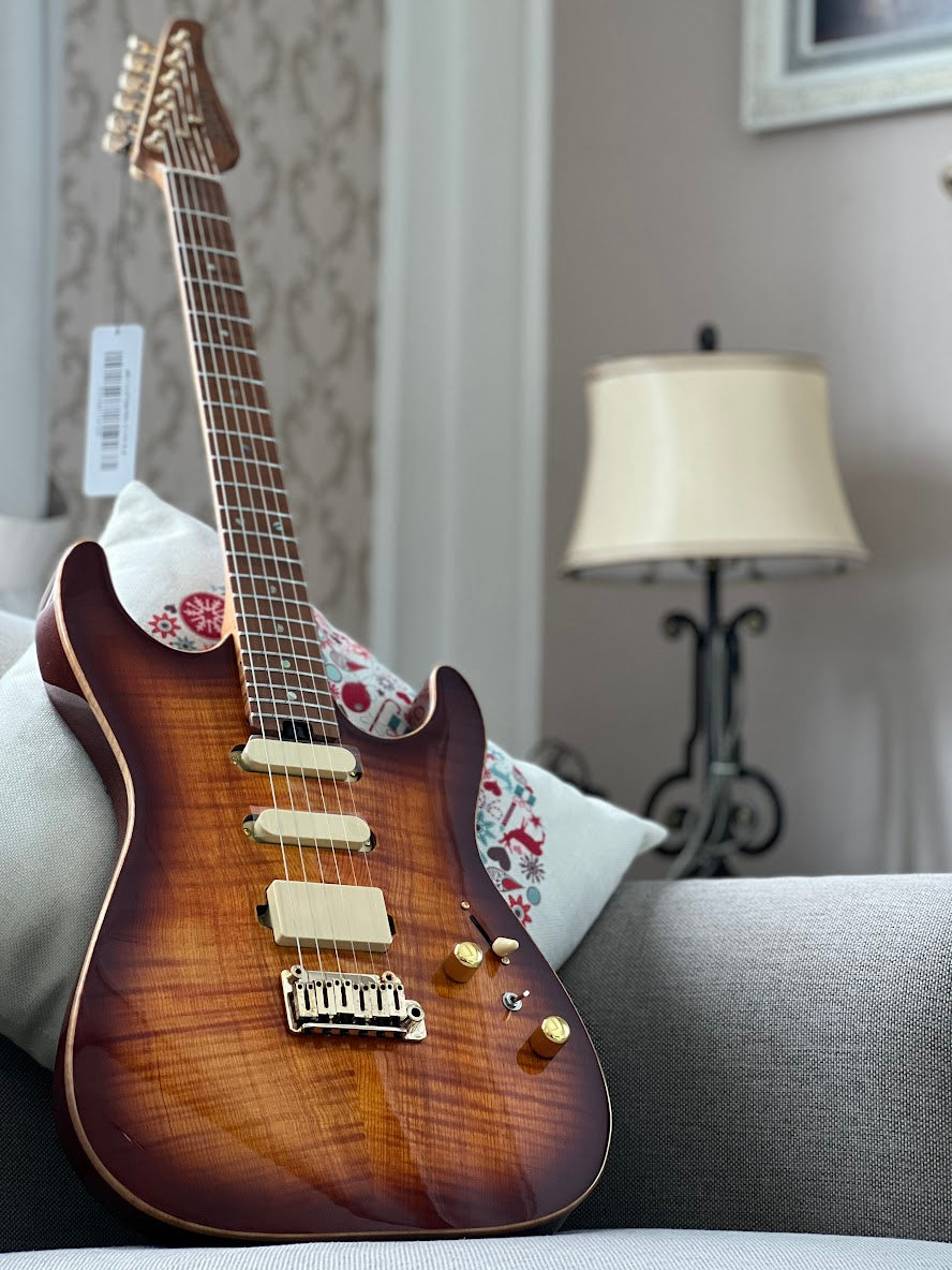 Soloking MS-1 Custom 22 HSS Flat Top One Piece Roasted Flame Neck in Bengal Burst