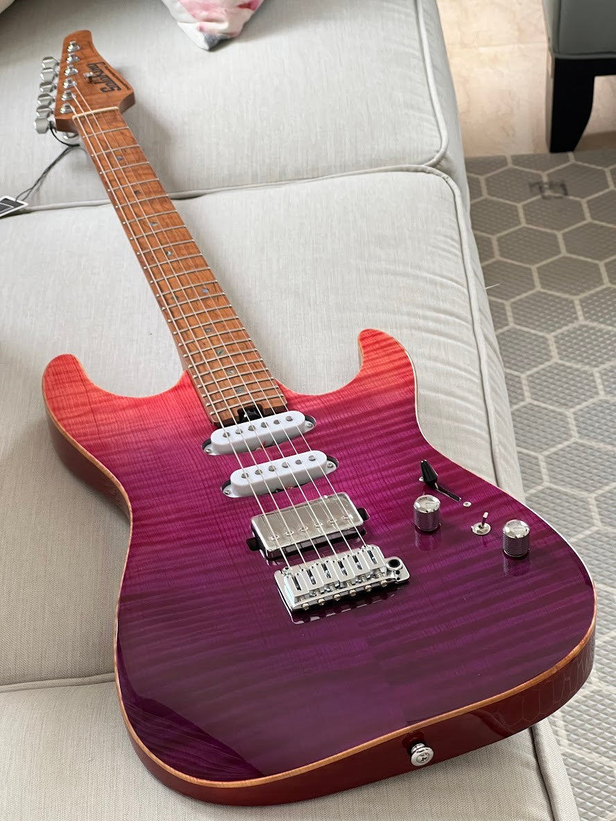 Soloking MS-1 Custom 22 HSS Flat Top Elite with One Piece Roasted Flame Neck in Purple Surf