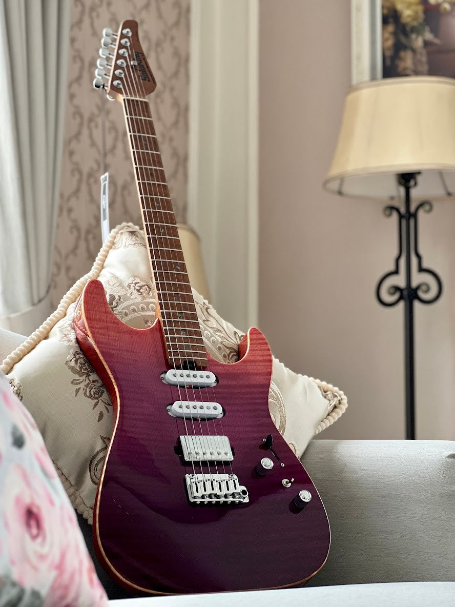 Soloking MS-1 Custom 22 HSS Flat Top Elite with One Piece Roasted Flame Neck in Purple Surf