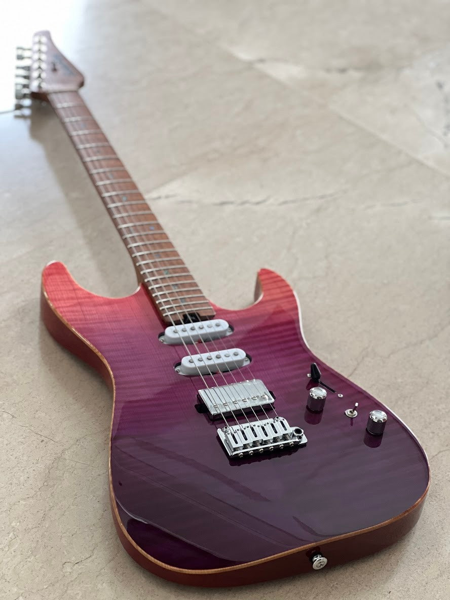 Soloking MS-1 Custom 22 HSS Flat Top Elite with One Piece Roasted Flame Neck in Purple Surf