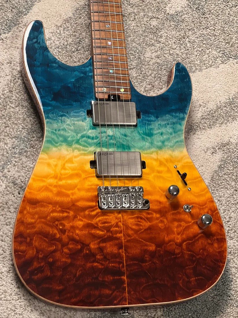 Soloking MS-1 Custom 24 HH Quilt Top FMN VT Roasted Flame Maple Neck in Beach Sunset Surf Fade JESCAR