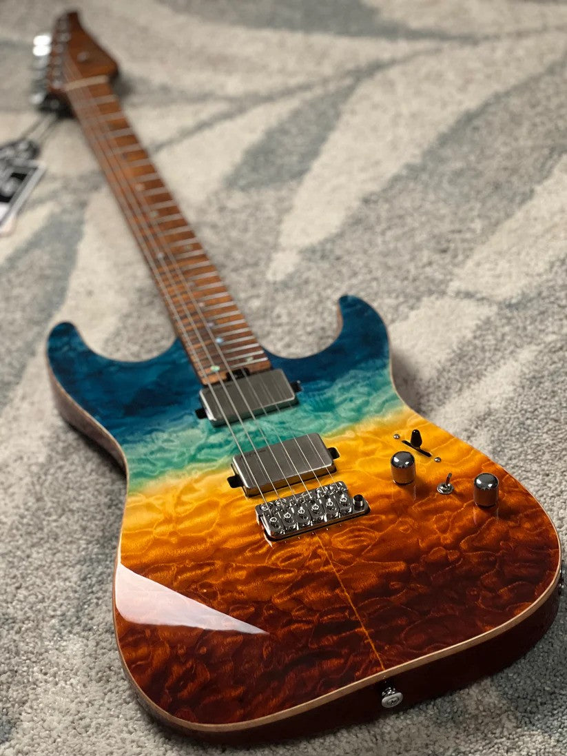 Soloking MS-1 Custom 24 HH Quilt Top FMN VT Roasted Flame Maple Neck in Beach Sunset Surf Fade JESCAR