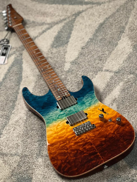 Soloking MS-1 Custom 24 HH Quilt Top FMN VT Roasted Flame Maple Neck in Beach Sunset Surf Fade JESCAR