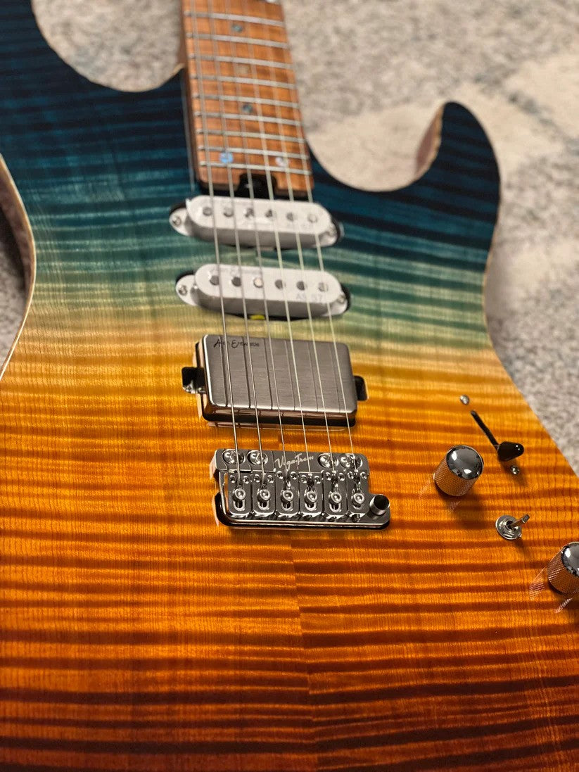 Soloking MS-1 Custom 24 HSS FMN VT with Roasted Flame Maple Neck in Beach Sunset Surf Fade JESCAR