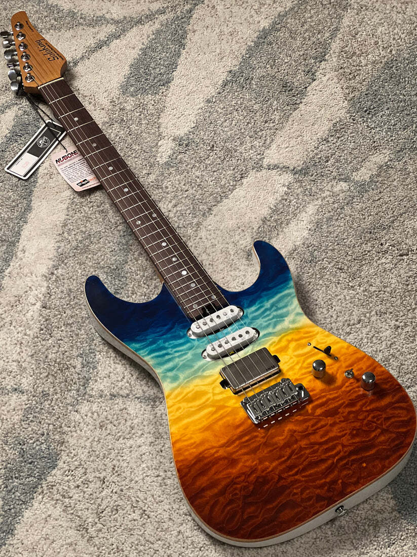 Soloking MS-1 Custom 24 HSS Quilt with Rosewood FB in Beach Sunset Surf Fade JESCAR
