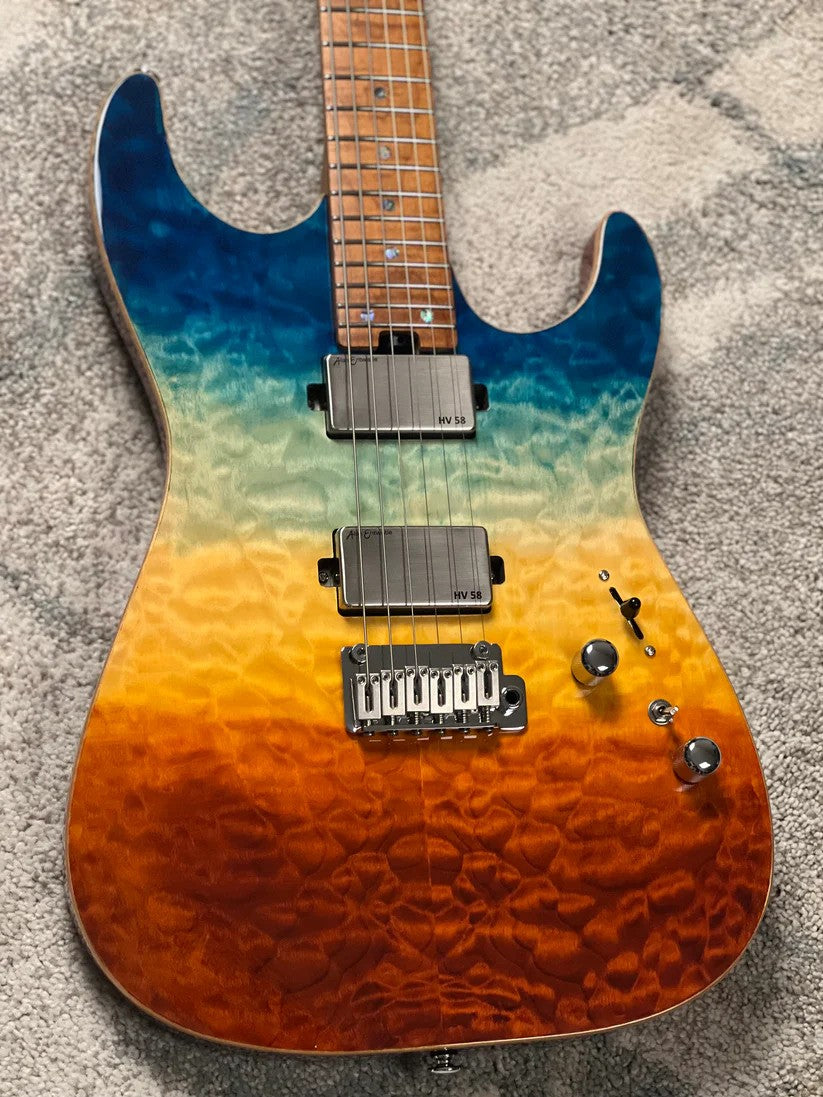 Soloking MS-1 Custom 24 HH Quilt Top FMN Roasted Flame Maple Neck in Beach Sunset Surf Fade JESCAR