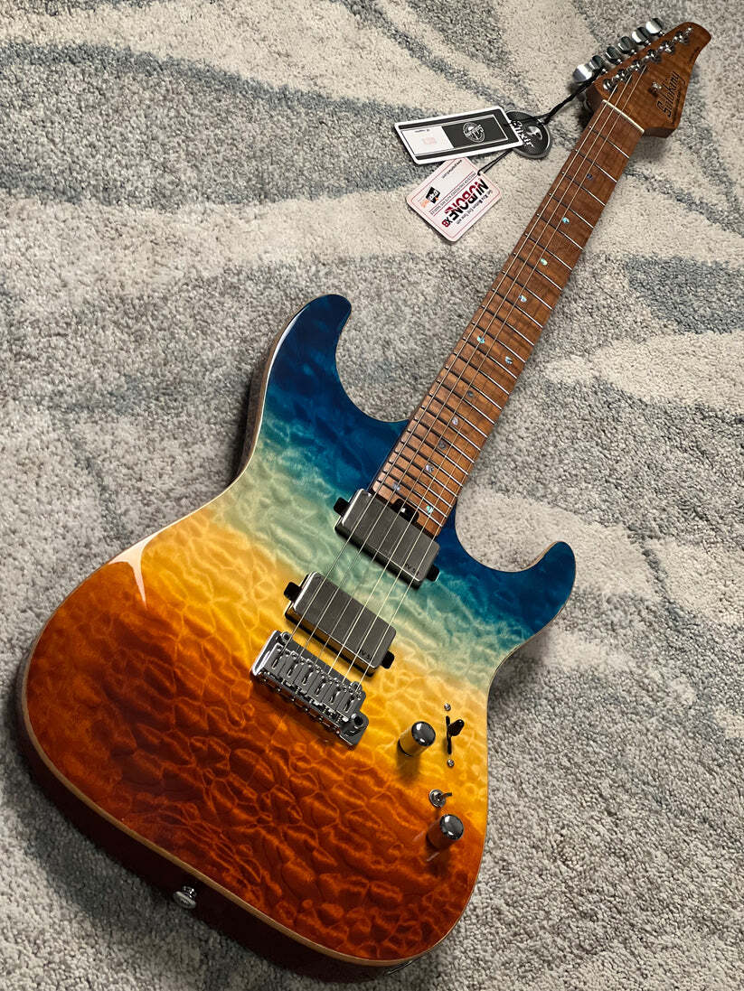 Soloking MS-1 Custom 24 HH Quilt Top FMN Roasted Flame Maple Neck in Beach Sunset Surf Fade JESCAR