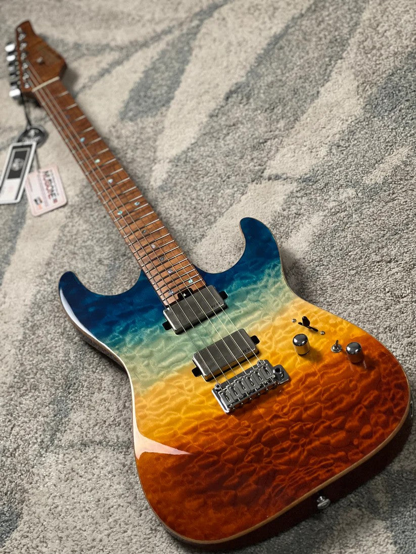 Soloking MS-1 Custom 24 HH Quilt Top FMN Roasted Flame Maple Neck in Beach Sunset Surf Fade JESCAR