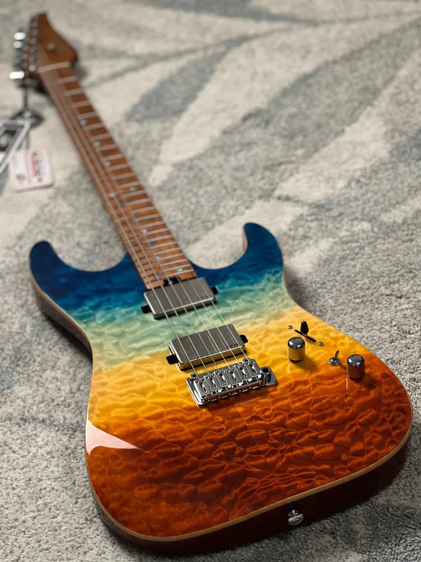 Soloking MS-1 Custom 24 HH Quilt Top FMN Roasted Flame Maple Neck in Beach Sunset Surf Fade JESCAR