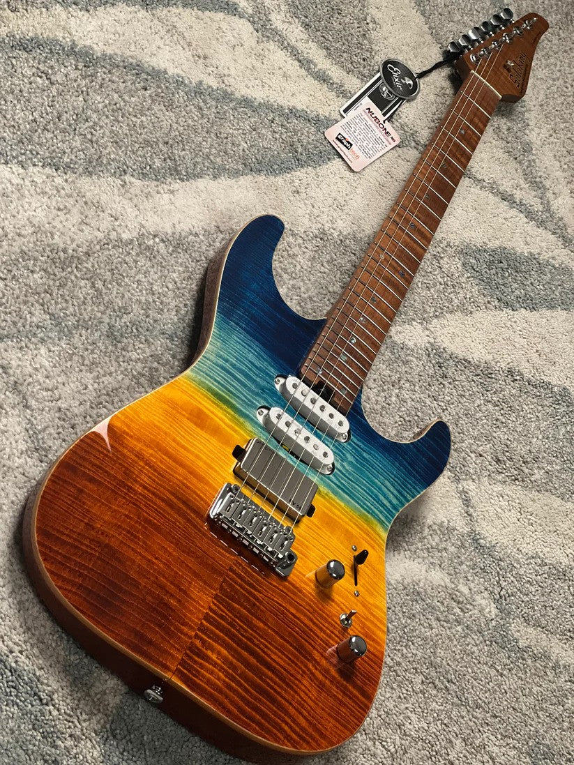 Soloking MS-1 Custom 24 HSS FMN with Roasted Flame Maple Neck in Beach Sunset Surf Fade JESCAR
