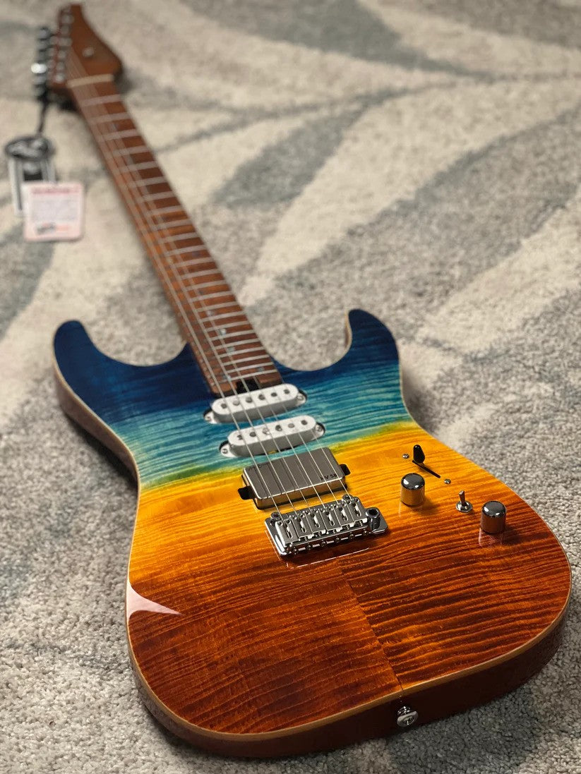 Soloking MS-1 Custom 24 HSS FMN with Roasted Flame Maple Neck in Beach Sunset Surf Fade JESCAR