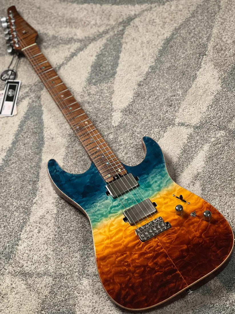 Soloking MS-1 Custom 24 HH Quilt Top FMN VT Roasted Flame Maple Neck in Beach Sunset Surf Fade JESCAR