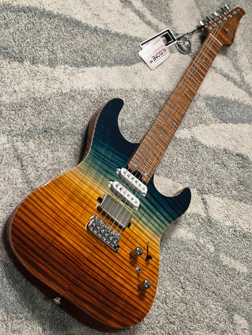 Soloking MS-1 Custom 24 HSS FMN VT with Roasted Flame Maple Neck in Beach Sunset Surf Fade JESCAR
