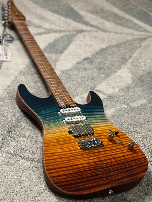 Soloking MS-1 Custom 24 HSS FMN VT with Roasted Flame Maple Neck in Beach Sunset Surf Fade JESCAR