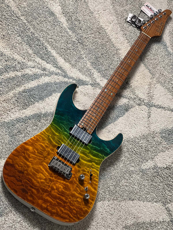 Soloking MS-1 Custom 24 HH Quilt FMN in Malibu Sunset Surf Fade White Back JESCAR with Fishman Fluence