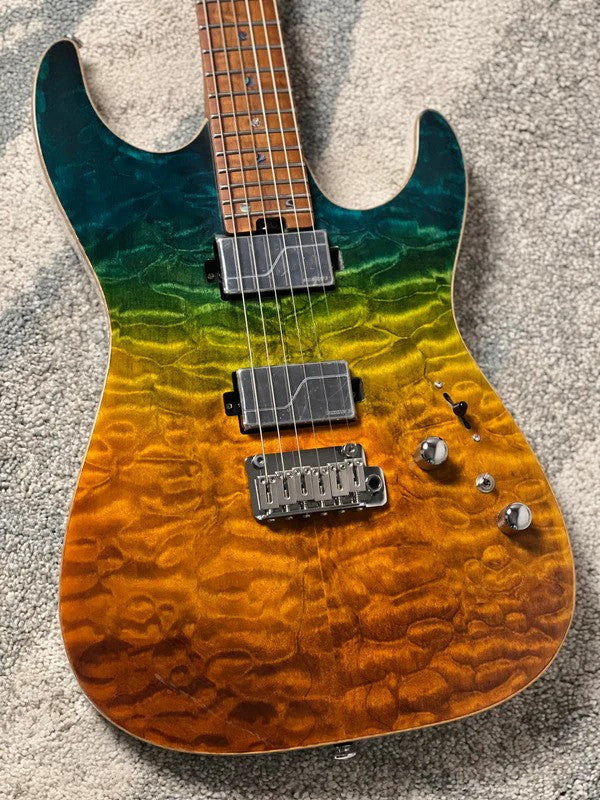Soloking MS-1 Custom 24 HH Quilt FMN in Malibu Sunset Surf Fade White Back JESCAR with Fishman Fluence