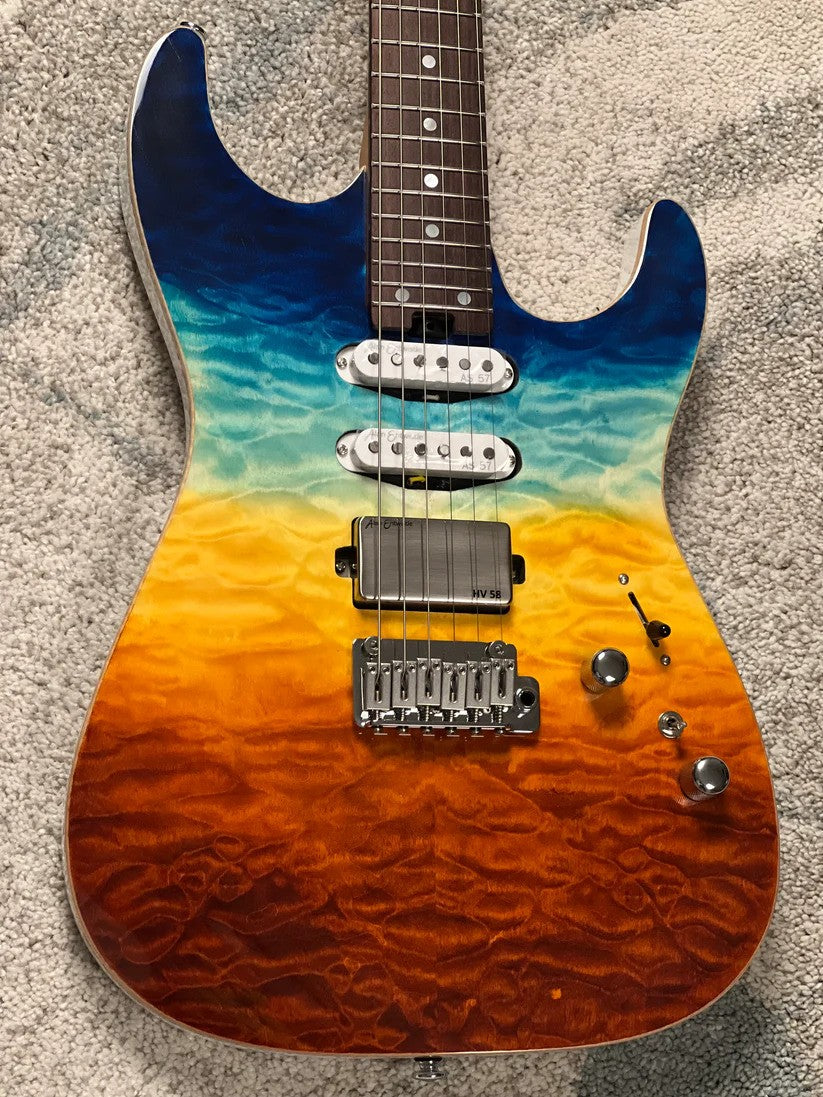 Soloking MS-1 Custom 24 HSS Quilt with Rosewood FB in Beach Sunset Surf Fade JESCAR