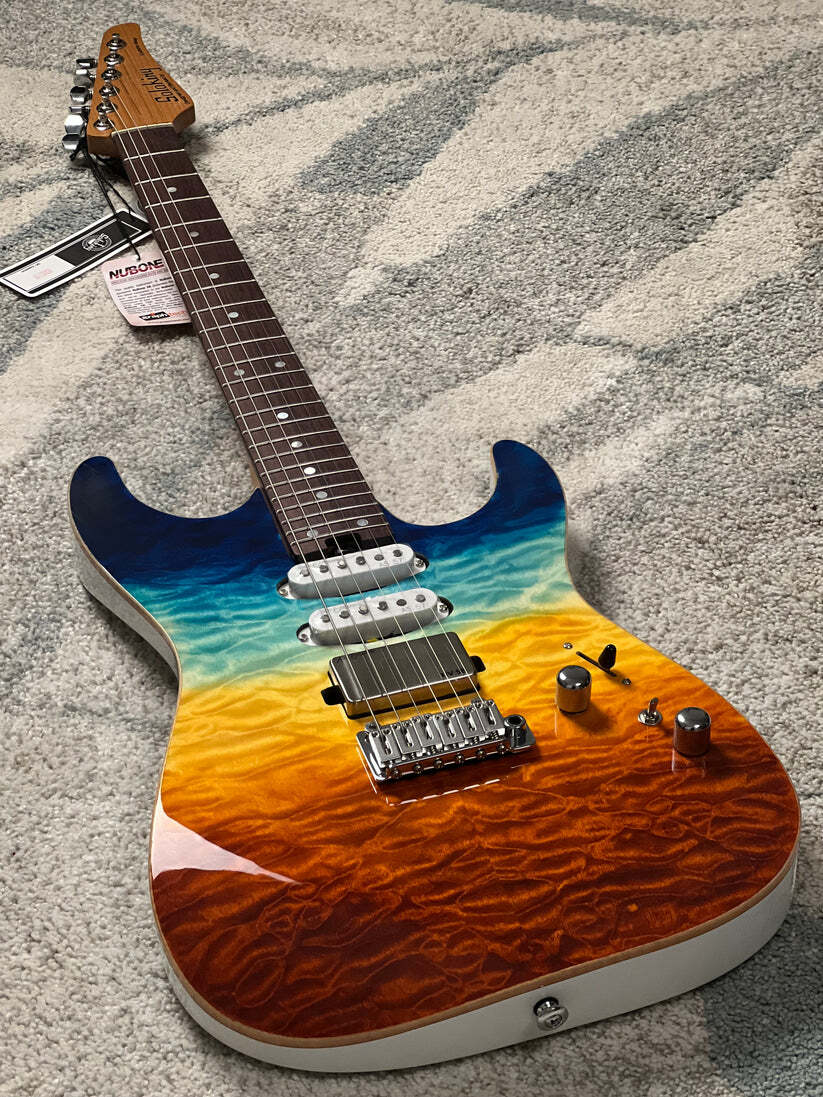 Soloking MS-1 Custom 24 HSS Quilt with Rosewood FB in Beach Sunset Surf Fade JESCAR