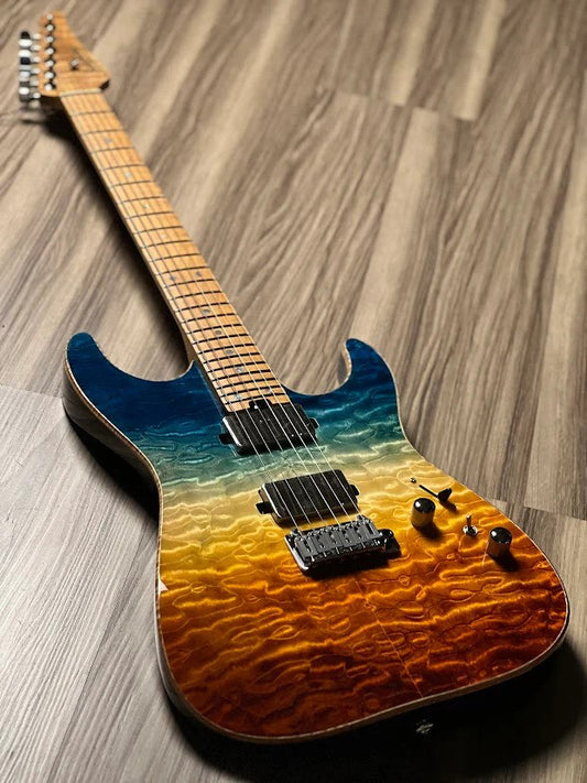 Soloking MS-1 Custom 24 HH Quilt FMN Roasted Flame Maple Neck in Beach Sunset Surf Fade JESCAR