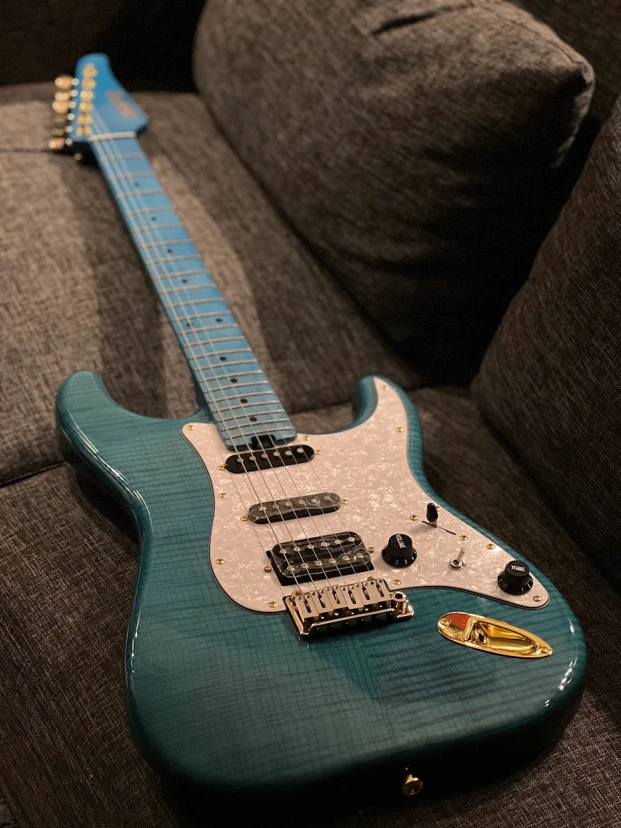 Soloking MS-1 FM Artisan with Blue Tinted Roasted Flame Maple Neck in Ocean Blue Nafiri Special Run