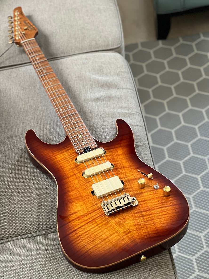 Soloking MS-1 Custom 22 HSS Flat Top One Piece Roasted Flame Neck in Bengal Burst
